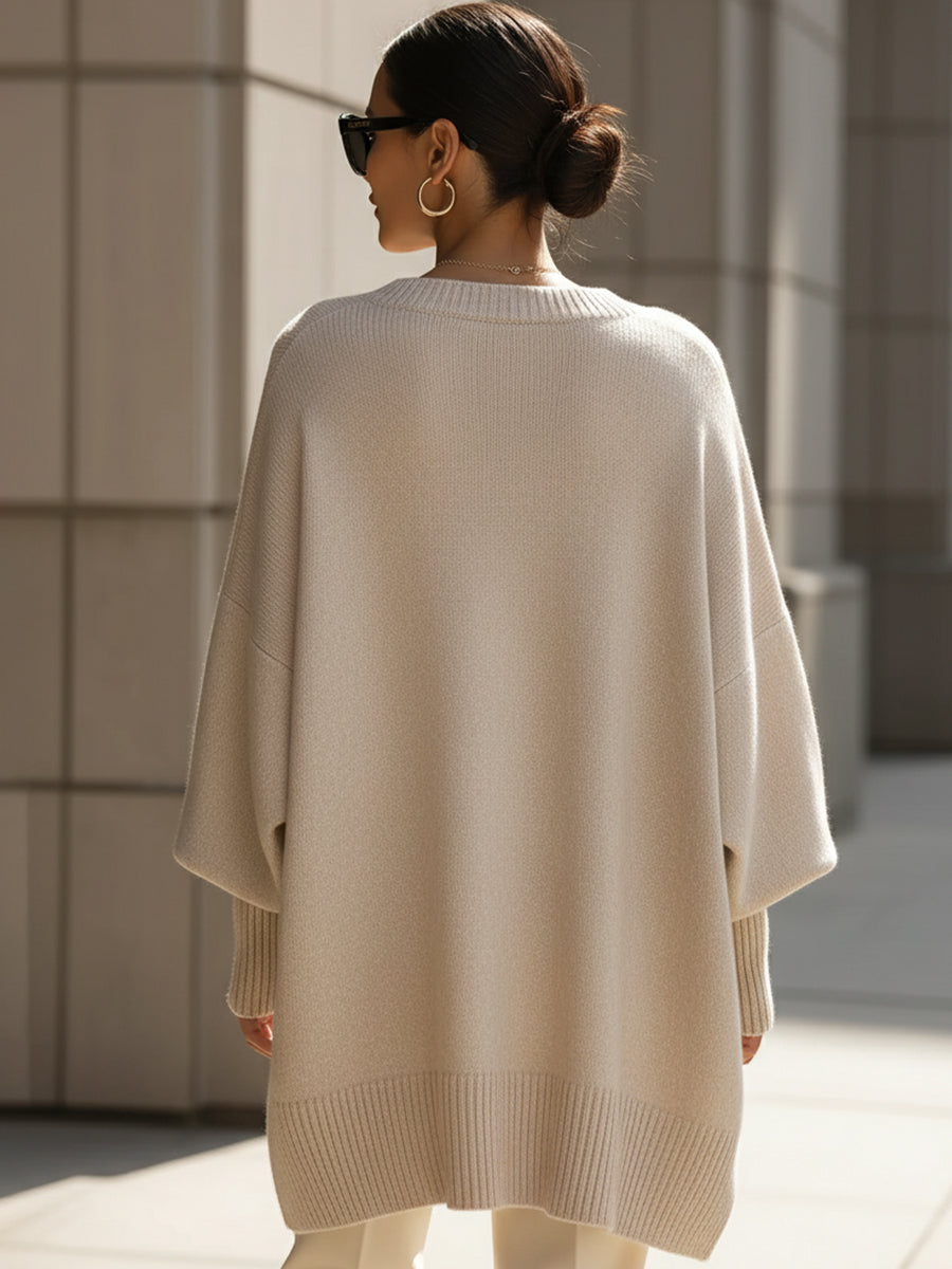 Women's Relaxed Oversized Sweater with Ribbed Knit and Rounded Neckline