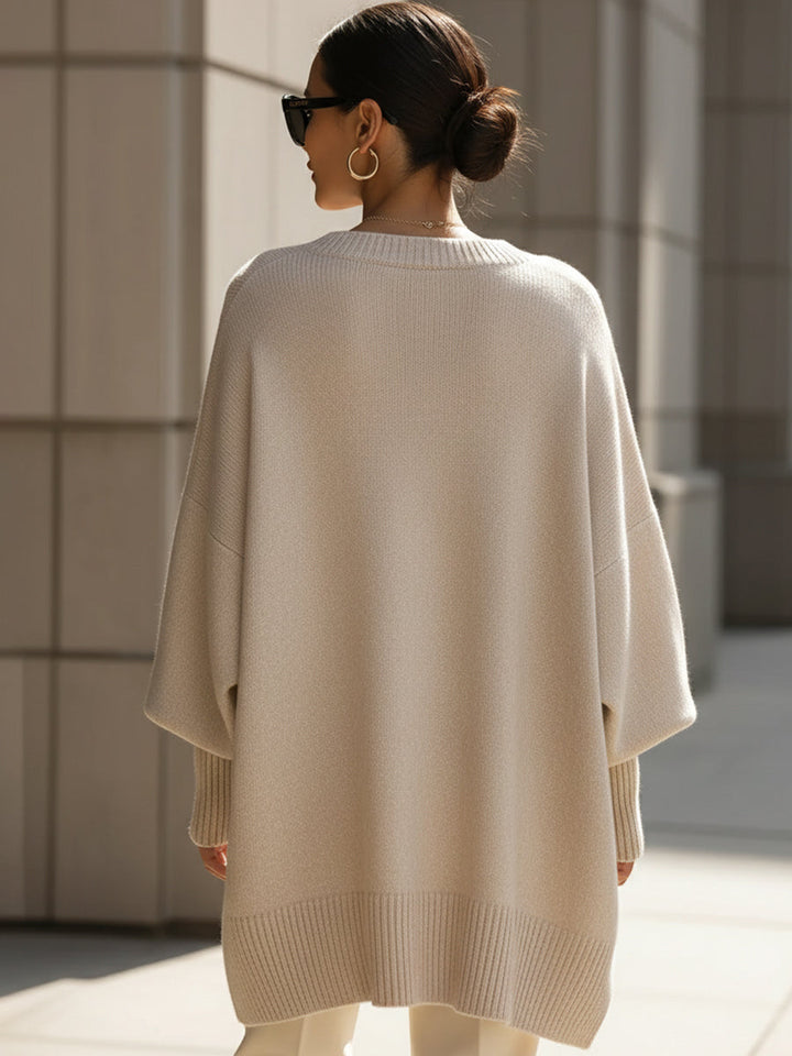 Women's Relaxed Oversized Sweater with Ribbed Knit and Rounded Neckline