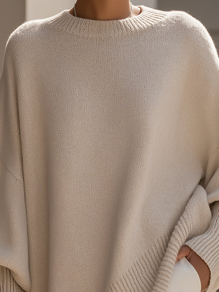 Women's Relaxed Oversized Sweater with Ribbed Knit and Rounded Neckline