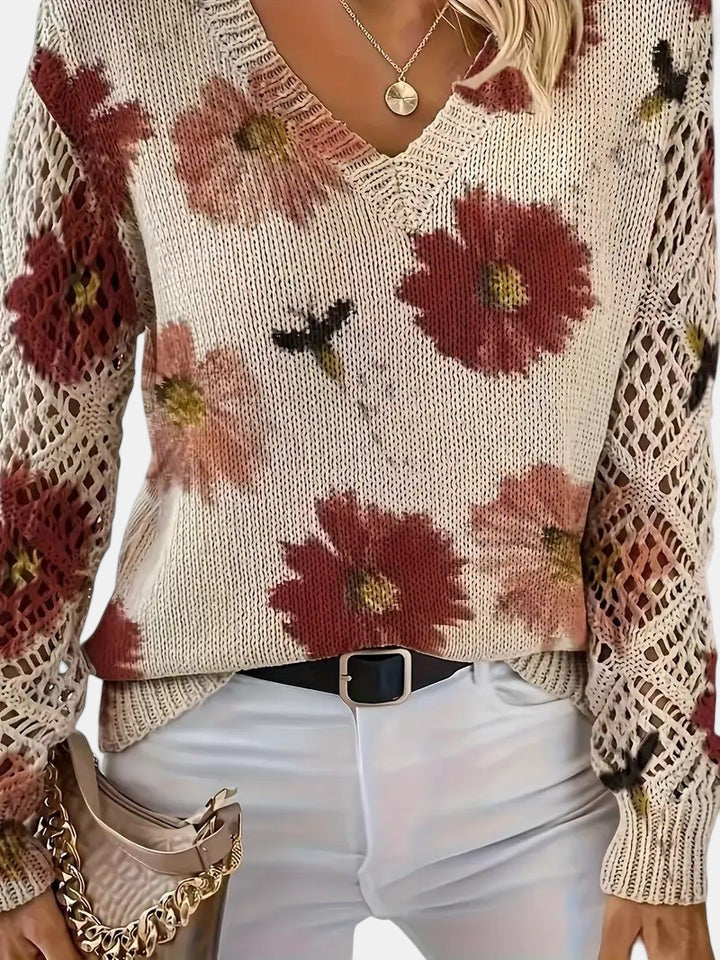 Women's Pretty Floral Knit Jumper with Open-Knit Sleeves