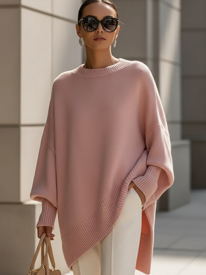 Women's Relaxed Oversized Sweater with Ribbed Knit and Rounded Neckline