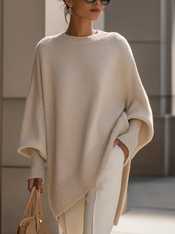 Women's Relaxed Oversized Sweater with Ribbed Knit and Rounded Neckline