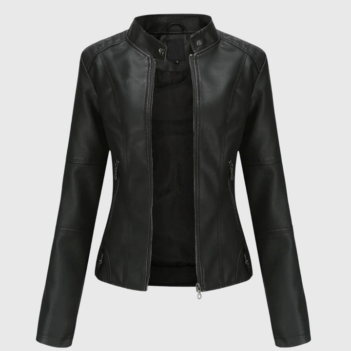 Women's Stylish Leather Jacket with Stand Collar