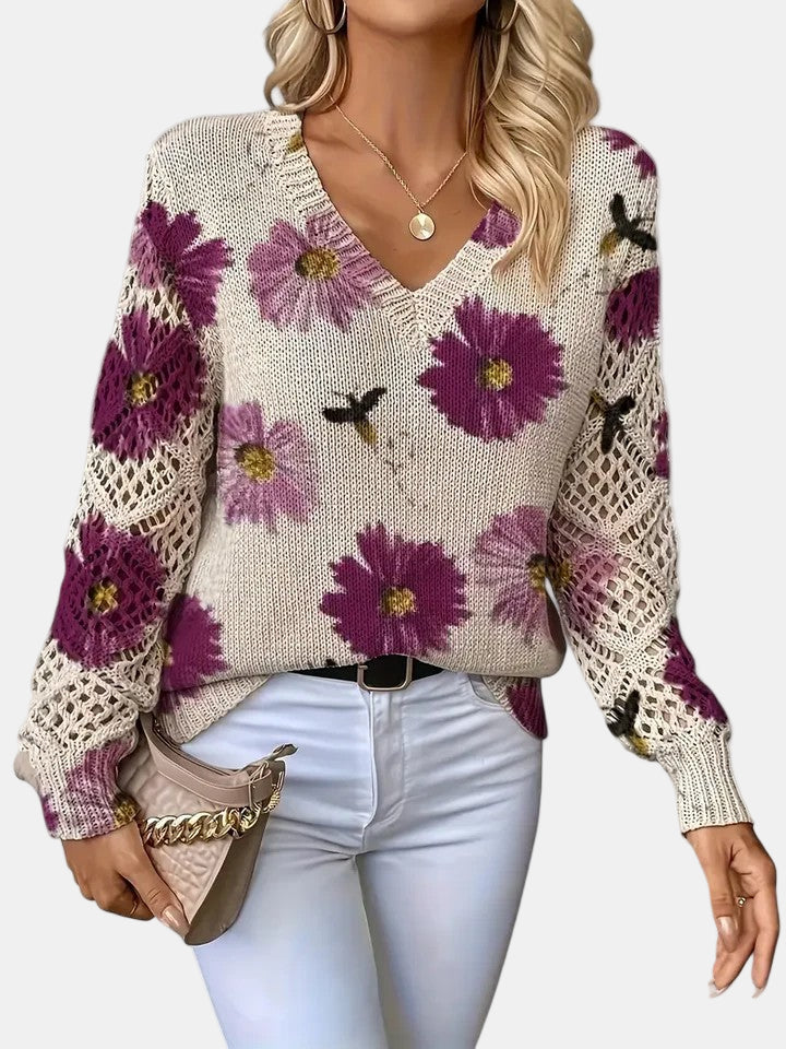 Women's Pretty Floral Knit Jumper with Open-Knit Sleeves