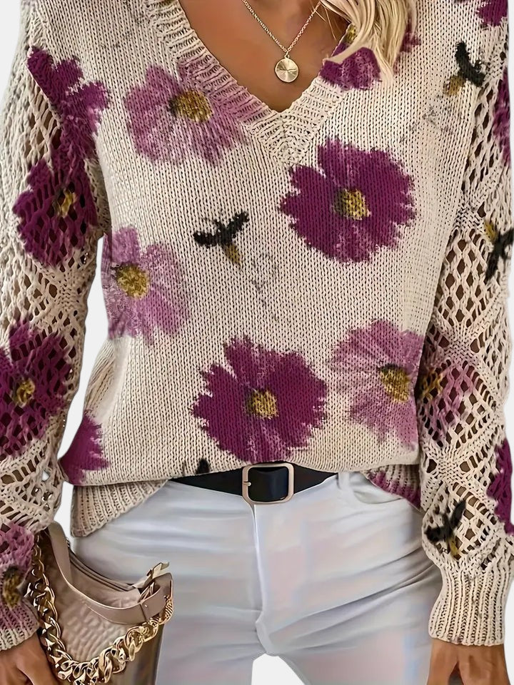 Women's Pretty Floral Knit Jumper with Open-Knit Sleeves
