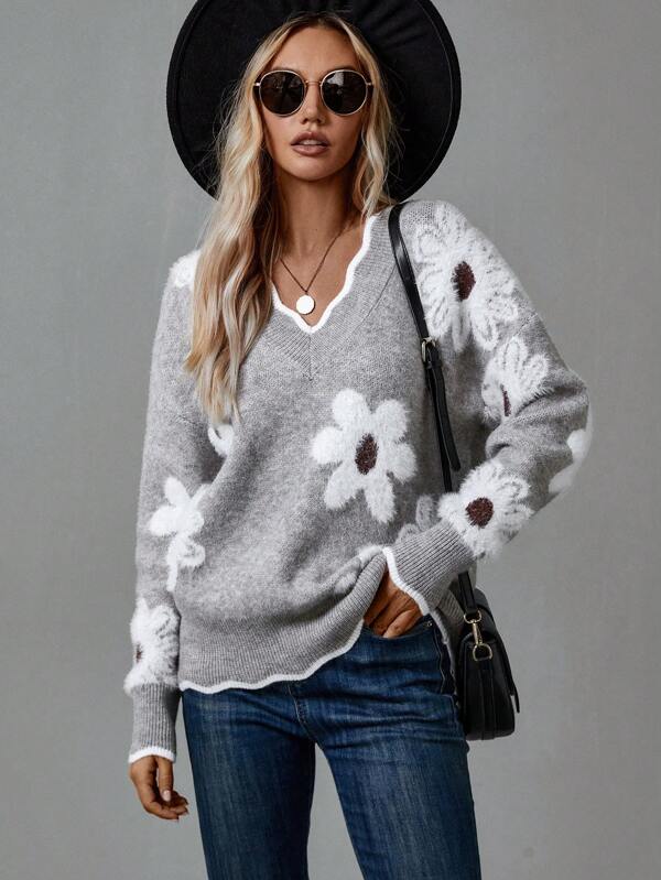 Women's Breathable Floral Knit Jumper with Ribbed Knit Cuffs