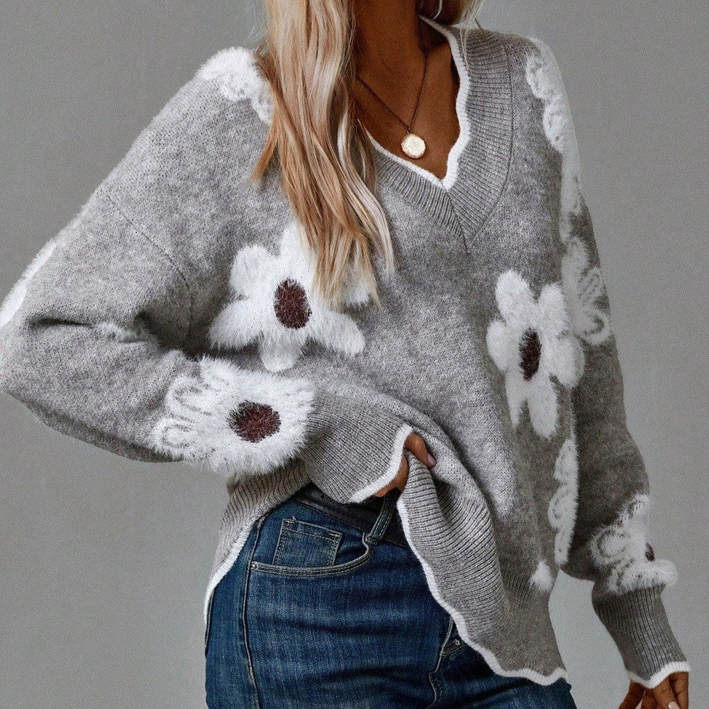 Women's Breathable Floral Knit Jumper with Ribbed Knit Cuffs