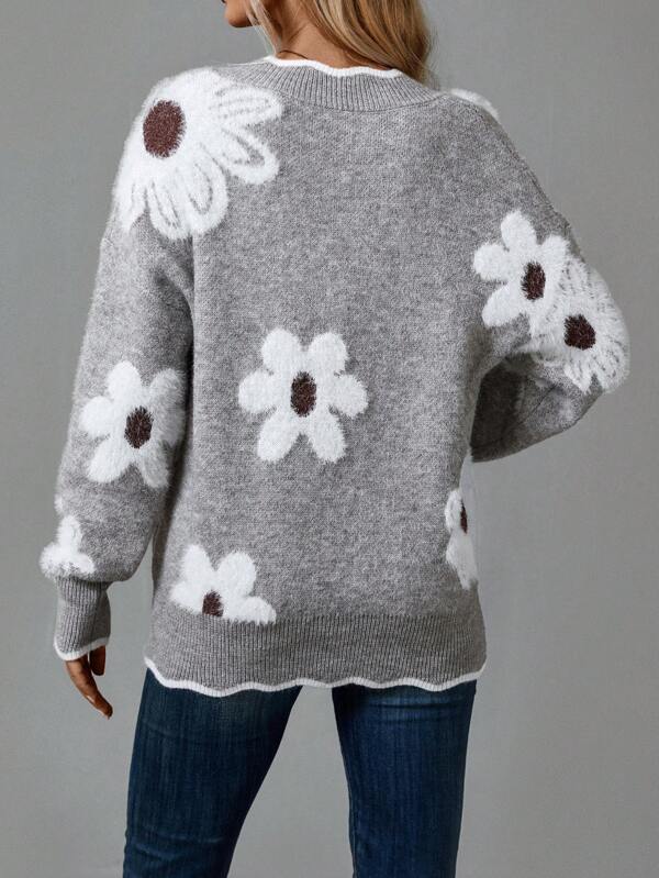Women's Breathable Floral Knit Jumper with Ribbed Knit Cuffs