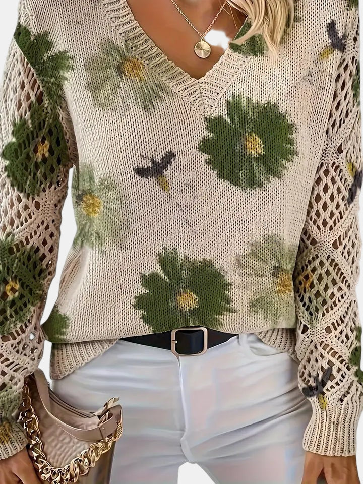 Women's Pretty Floral Knit Jumper with Open-Knit Sleeves
