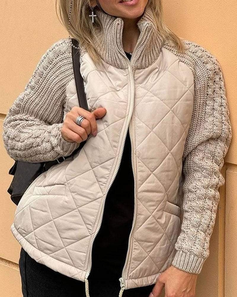 Women's Cosy Quilted Jacket with Cable Knit Sleeves and Funnel Neck