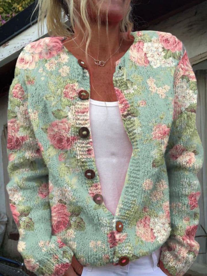 Women's Relaxed Floral Print Cardigan with Button Up and Long Sleeves