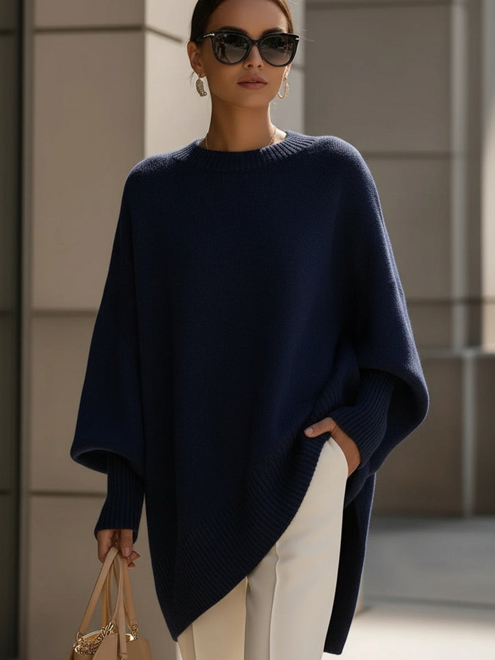 Women's Relaxed Oversized Sweater with Ribbed Knit and Rounded Neckline