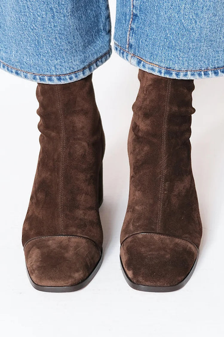 Women's Elegant Suede Ankle Boots with Block Heel and Square Toe