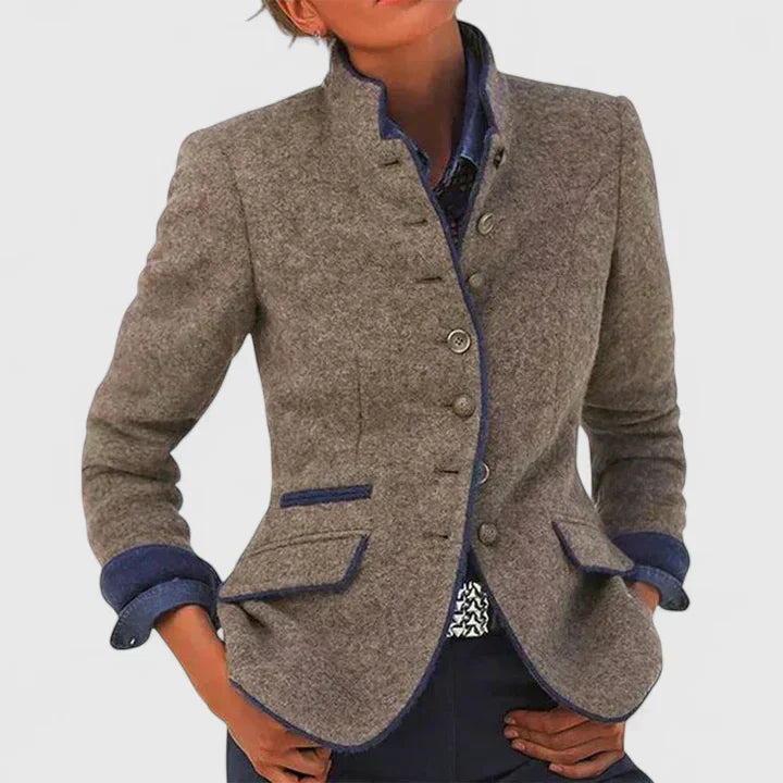 Women's Elegant Fitted Cardigan with High Collar and Button Up Front