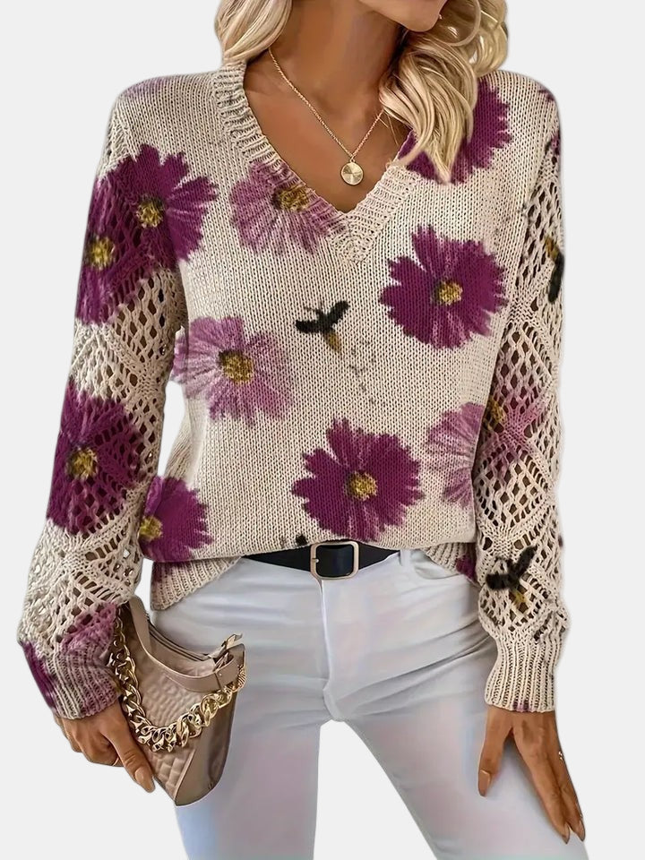 Women's Pretty Floral Knit Jumper with Open-Knit Sleeves