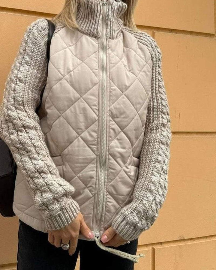 Women's Cosy Quilted Jacket with Cable Knit Sleeves and Funnel Neck