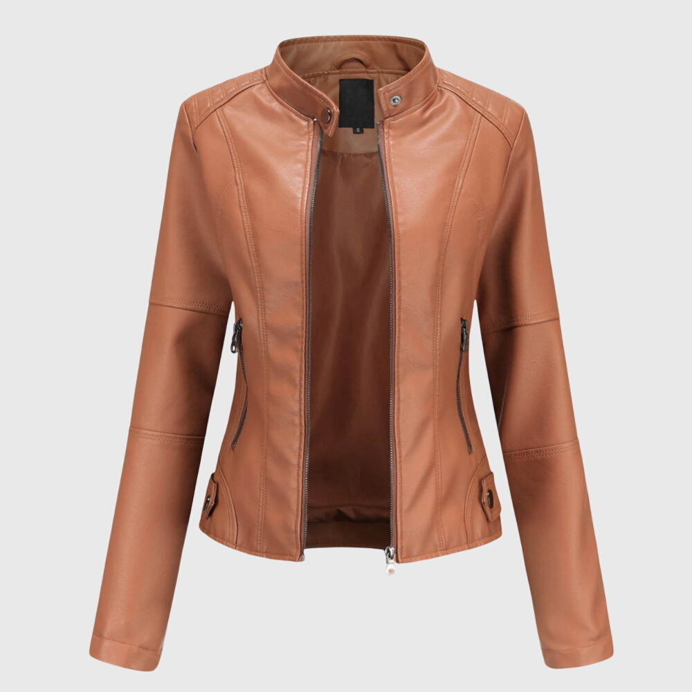 Women's Stylish Leather Jacket with Stand Collar