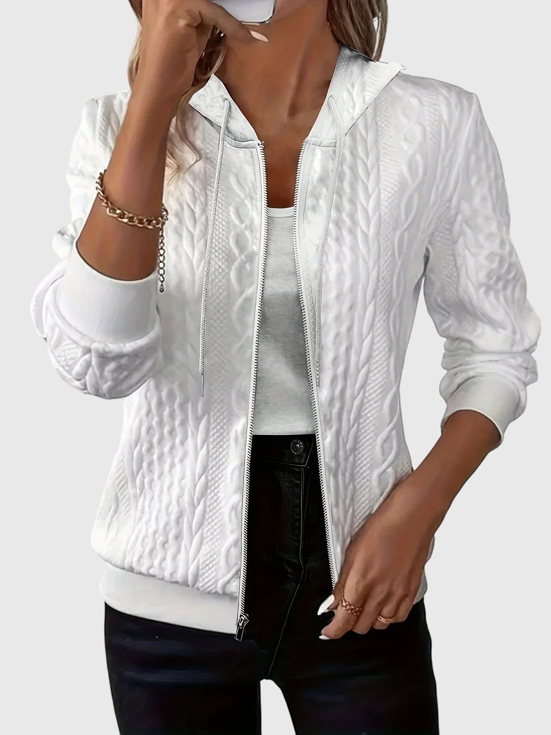 Women's Stylish Quilted Zip Up Hoodie with Cable Knit Pattern