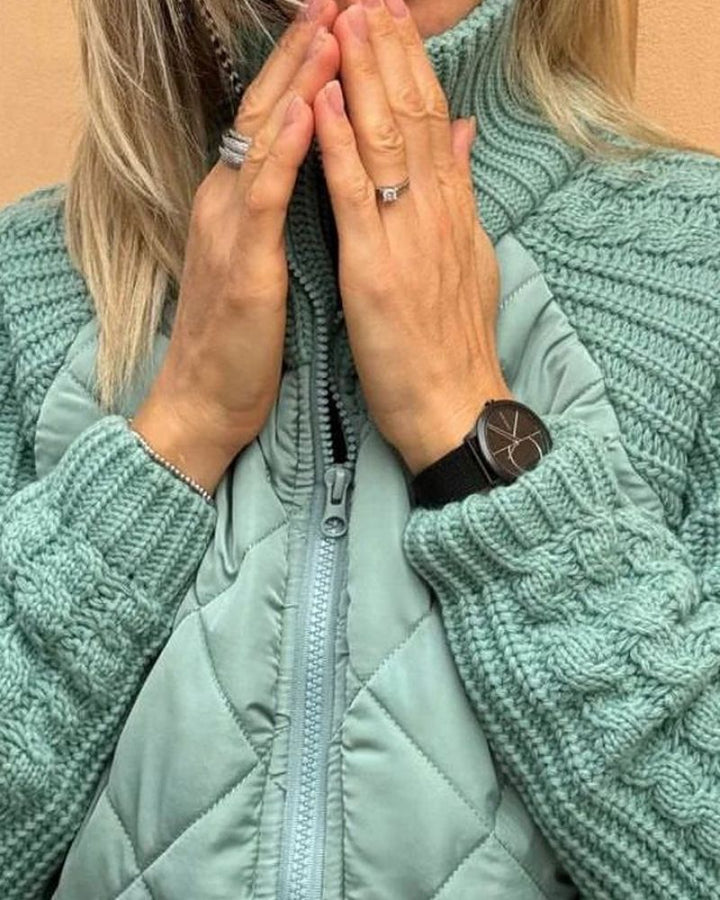Women's Cosy Quilted Jacket with Cable Knit Sleeves and Funnel Neck