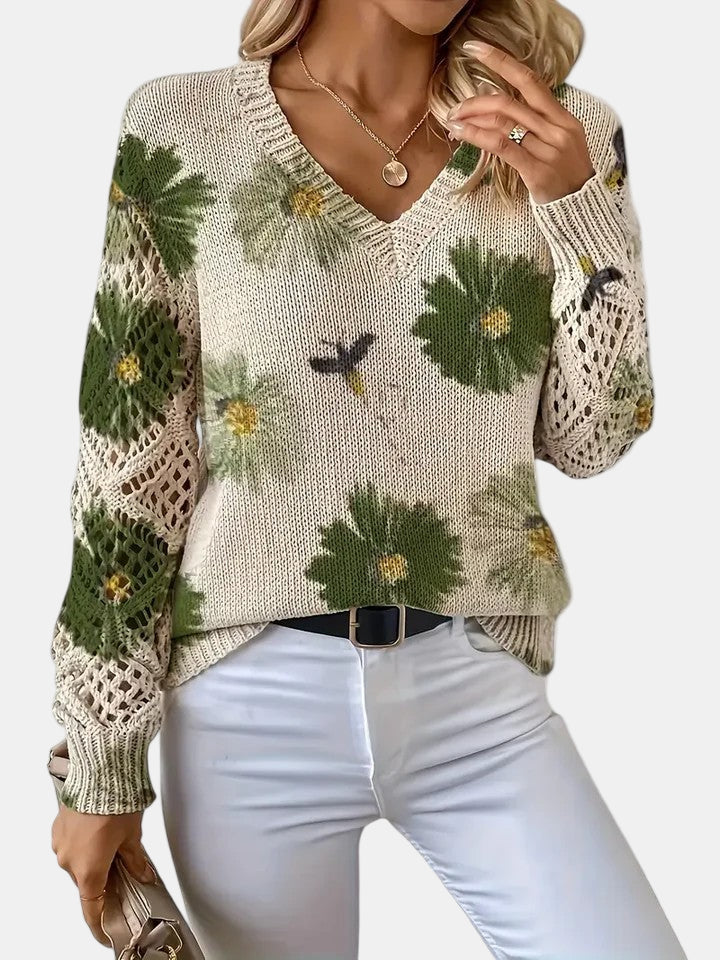 Women's Pretty Floral Knit Jumper with Open-Knit Sleeves