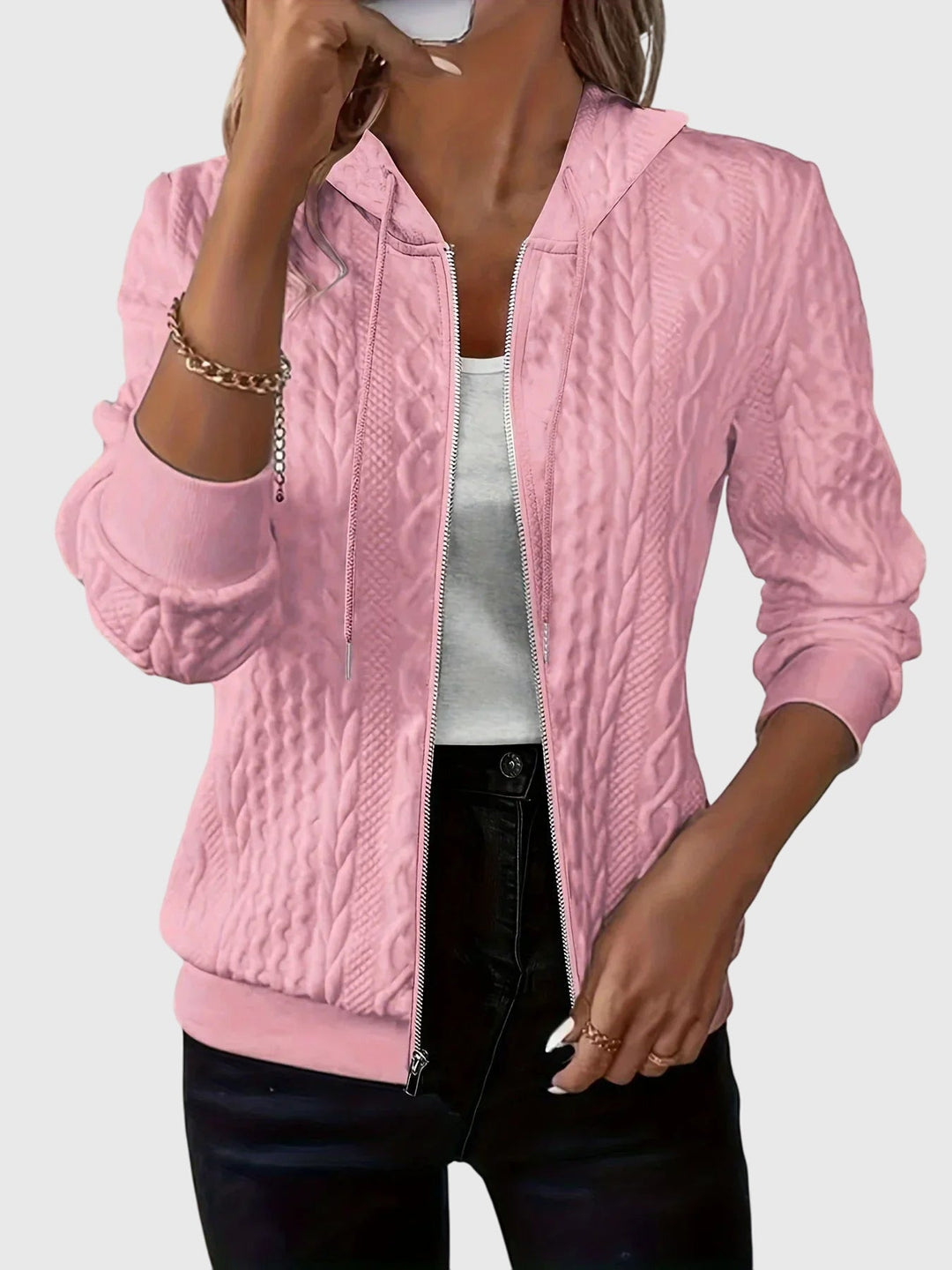 Women's Stylish Quilted Zip Up Hoodie with Cable Knit Pattern