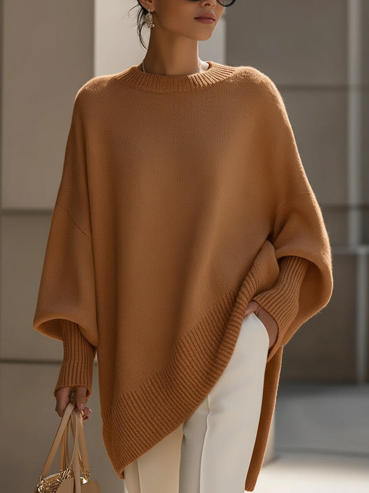 Women's Relaxed Oversized Sweater with Ribbed Knit and Rounded Neckline