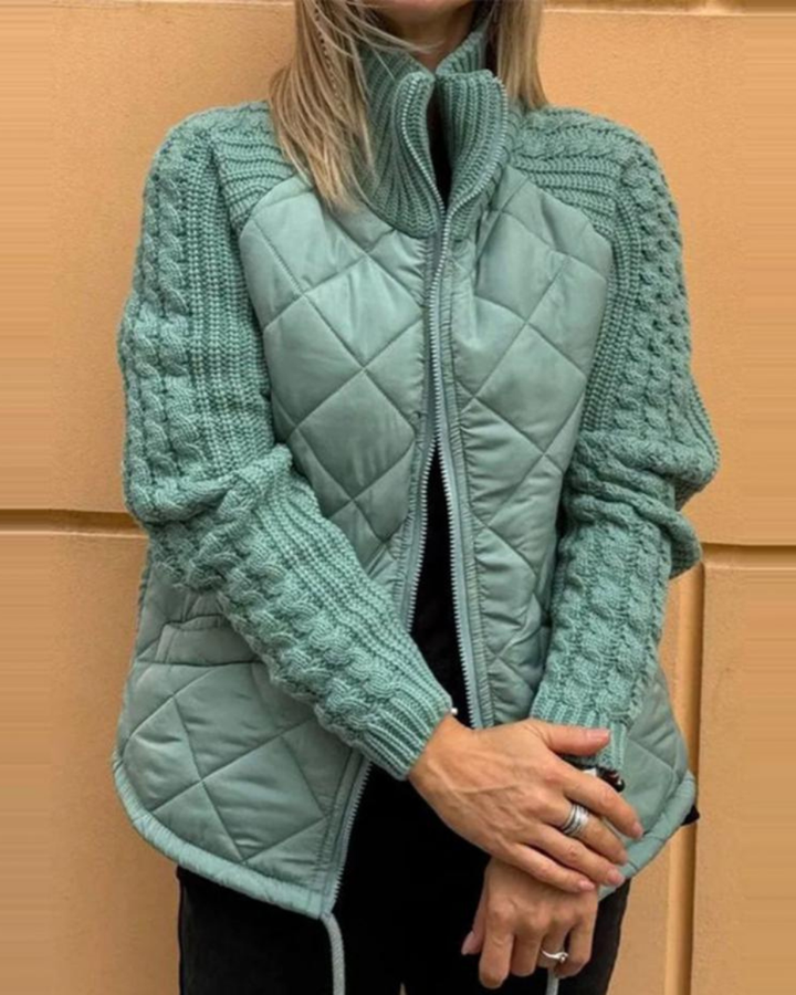 Women's Cosy Quilted Jacket with Cable Knit Sleeves and Funnel Neck