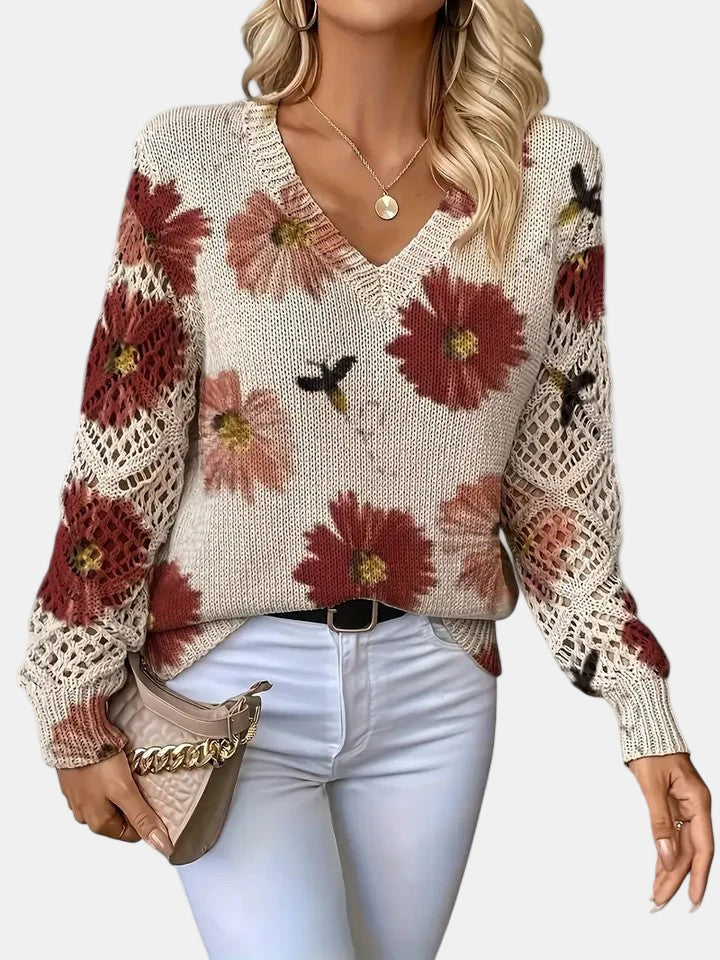 Women's Pretty Floral Knit Jumper with Open-Knit Sleeves