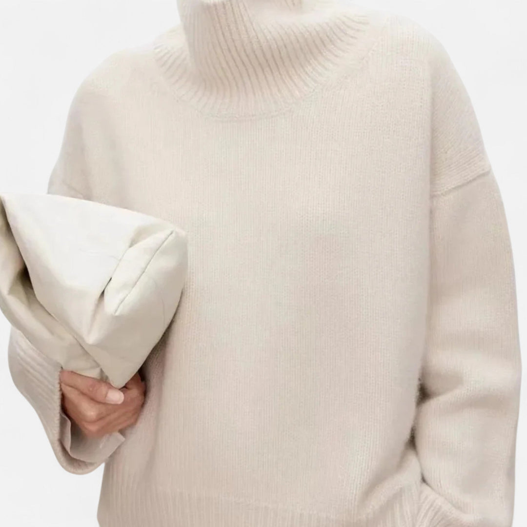Women's Timeless Wool Sweater with Ribbed Collar and Long Sleeves