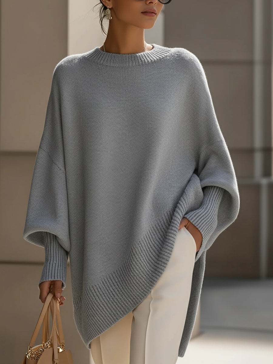 Women's Relaxed Oversized Sweater with Ribbed Knit and Rounded Neckline