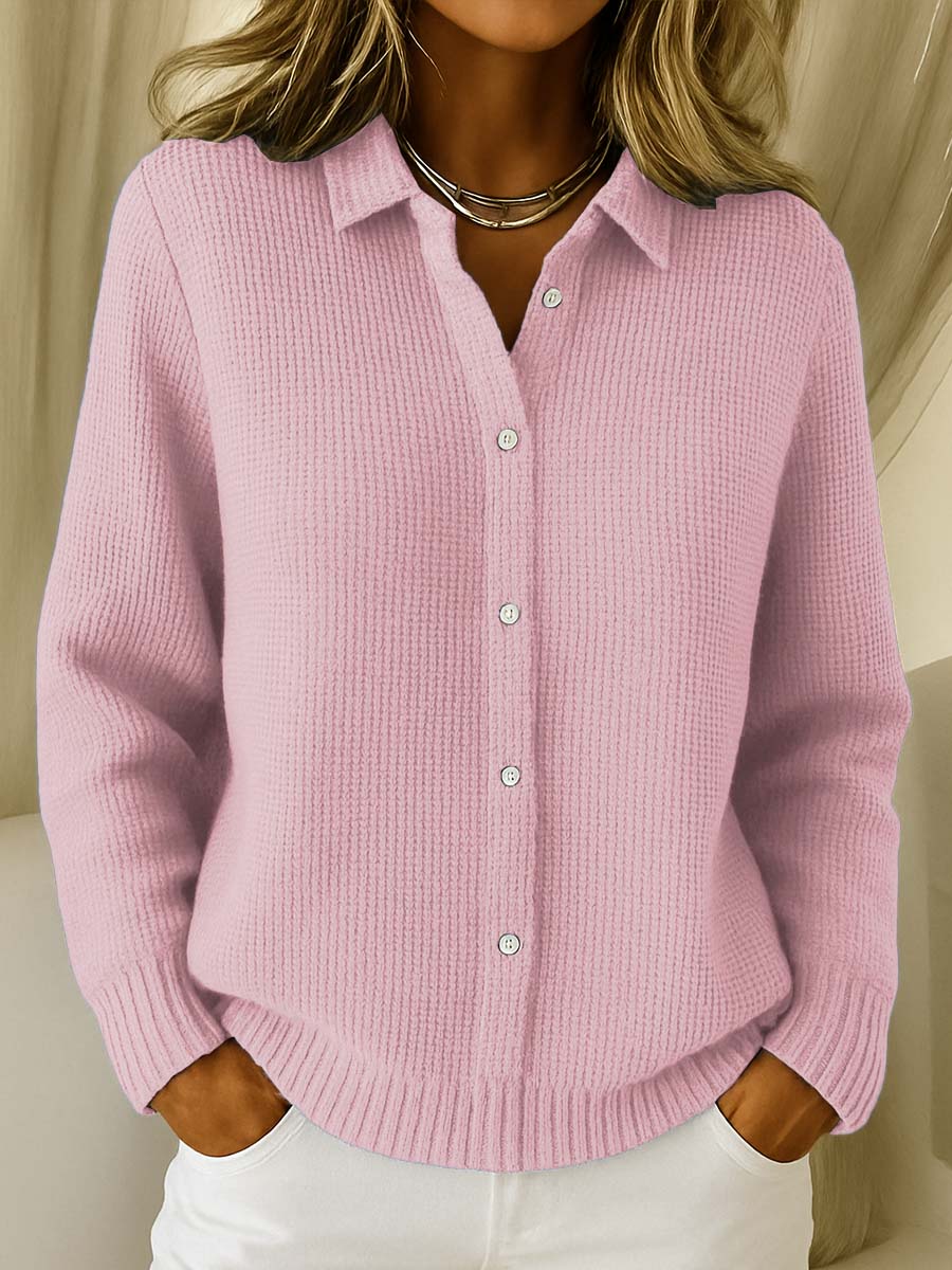 Women's Classic Collared Cardigan with Button-Up Front and Ribbed Knit