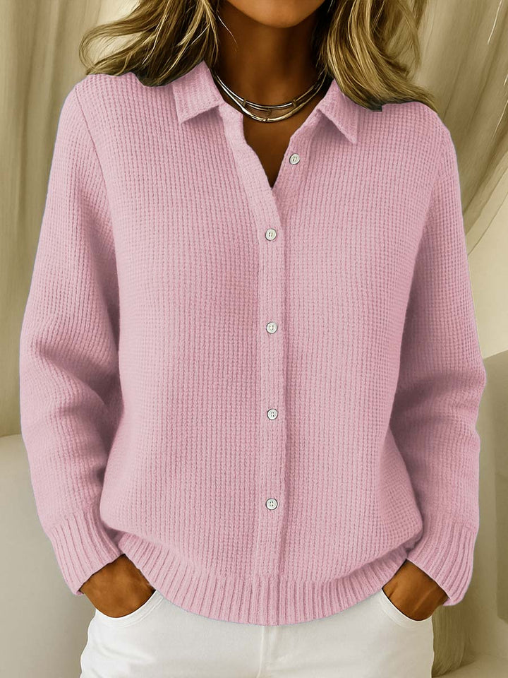 Women's Classic Collared Cardigan with Button-Up Front and Ribbed Knit