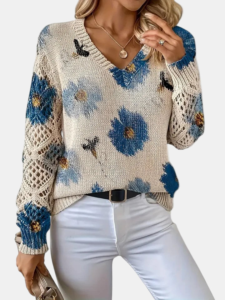 Women's Pretty Floral Knit Jumper with Open-Knit Sleeves