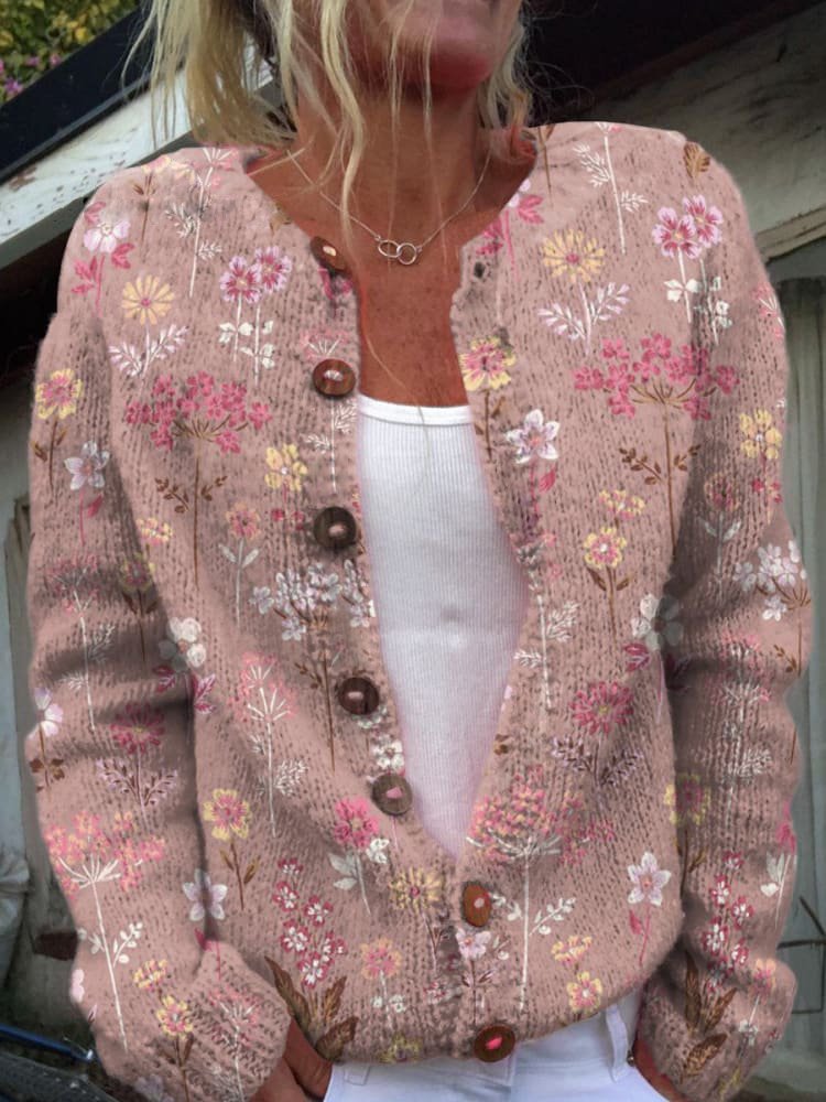 Women's Relaxed Floral Print Cardigan with Button Up and Long Sleeves