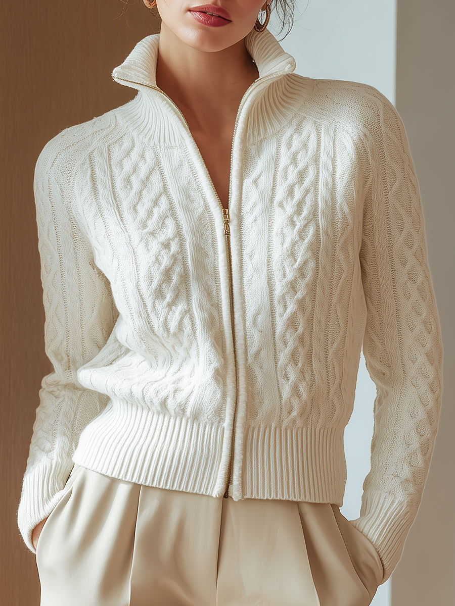 Women's Elegant Chunky Cable Knit Zip-Up Cardigan