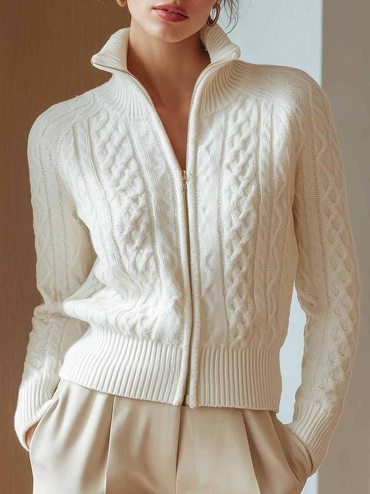 Women's Elegant Chunky Cable Knit Zip-Up Cardigan