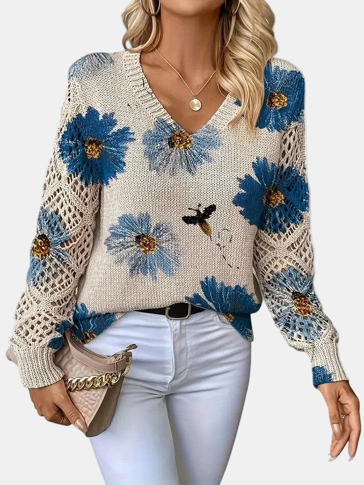 Women's Pretty Floral Knit Jumper with Open-Knit Sleeves