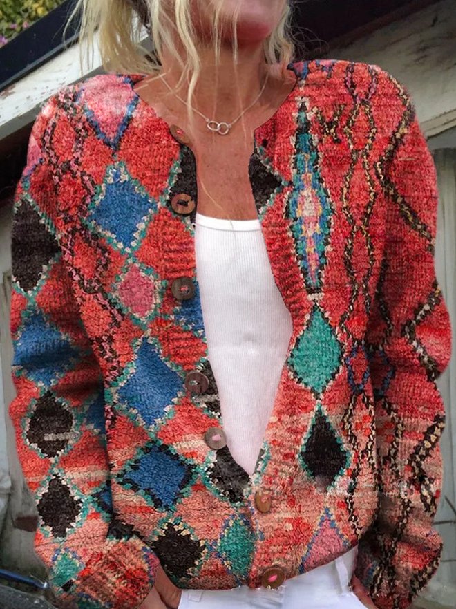 Women's Relaxed Floral Print Cardigan with Button Up and Long Sleeves