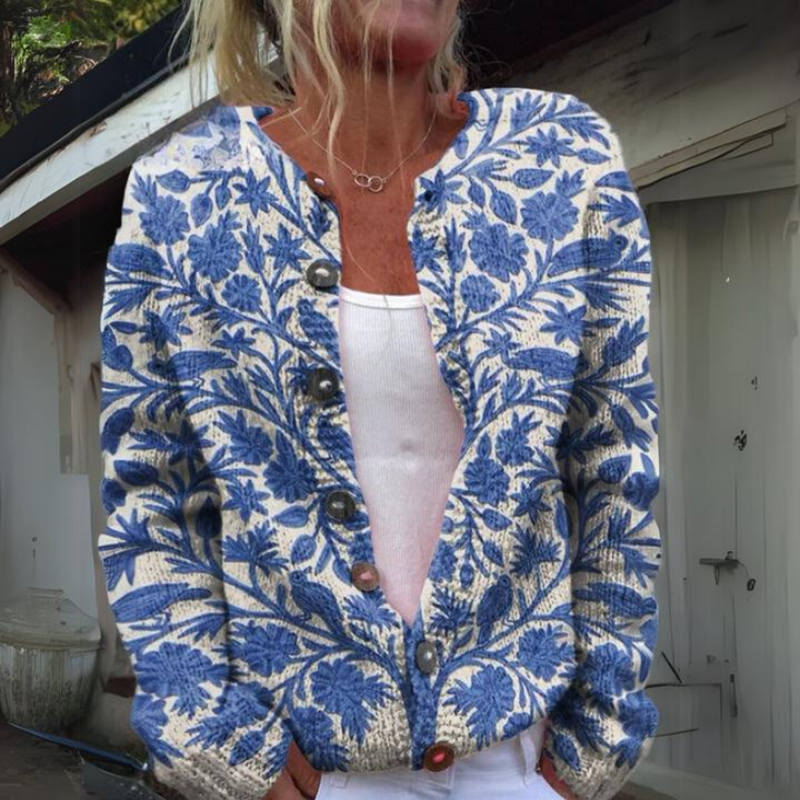 Women's Relaxed Floral Print Cardigan with Button Up and Long Sleeves
