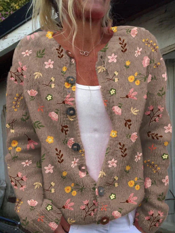 Women's Relaxed Floral Print Cardigan with Button Up and Long Sleeves