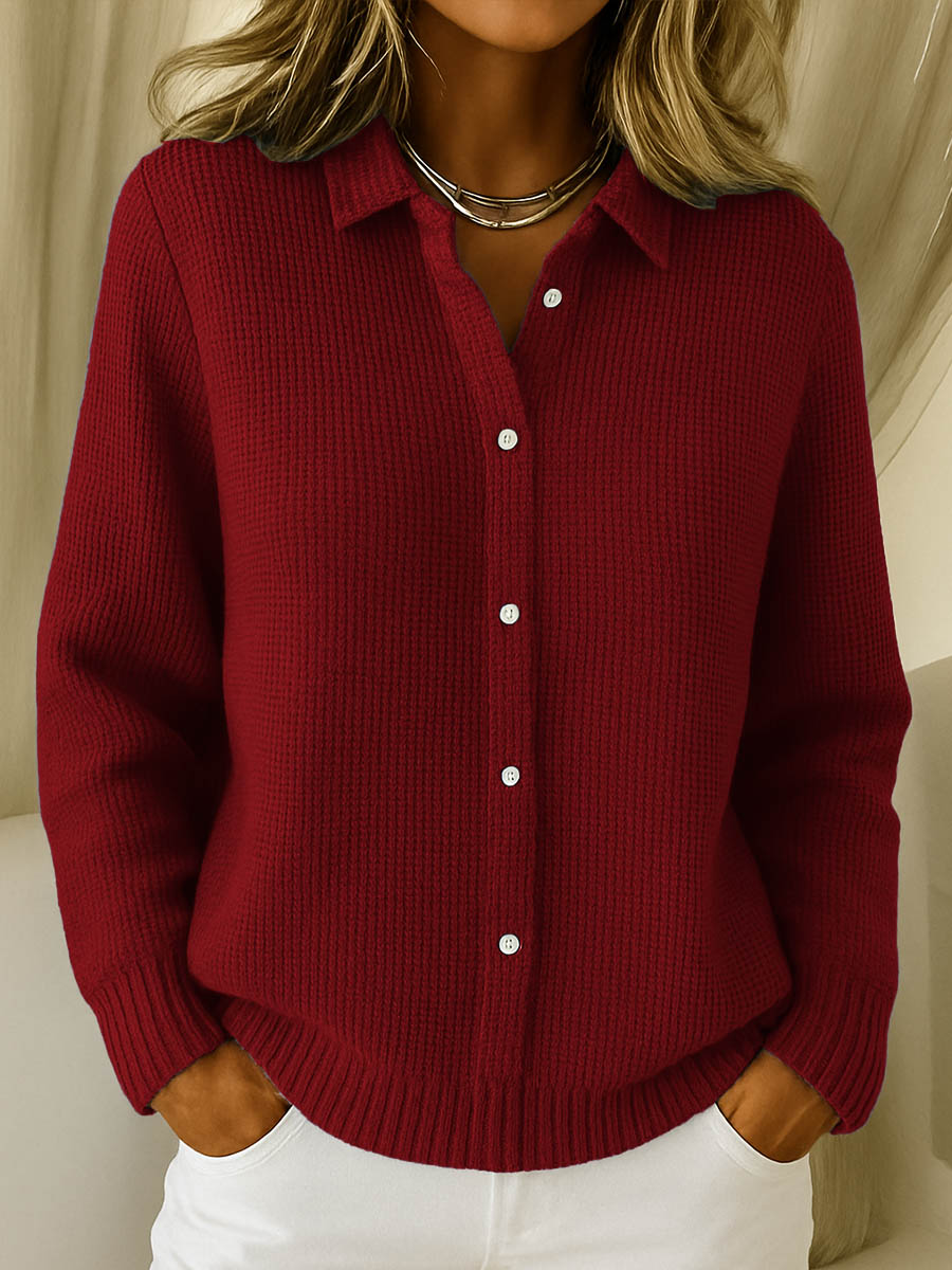 Women's Classic Collared Cardigan with Button-Up Front and Ribbed Knit