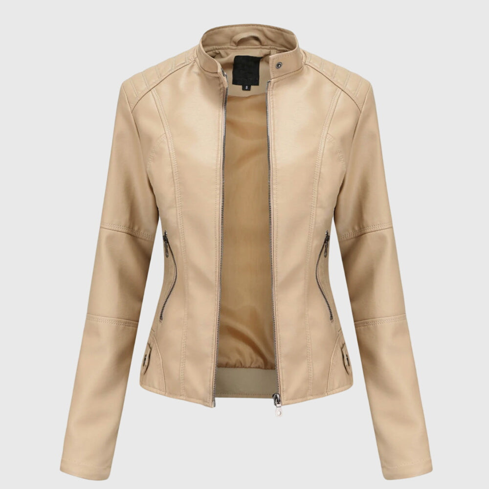 Women's Stylish Leather Jacket with Stand Collar