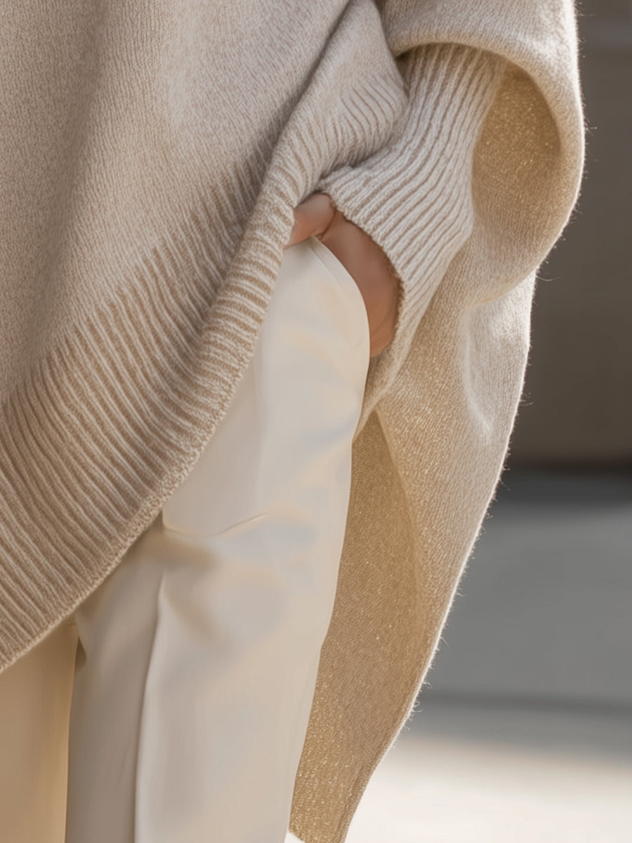 Women's Relaxed Oversized Sweater with Ribbed Knit and Rounded Neckline