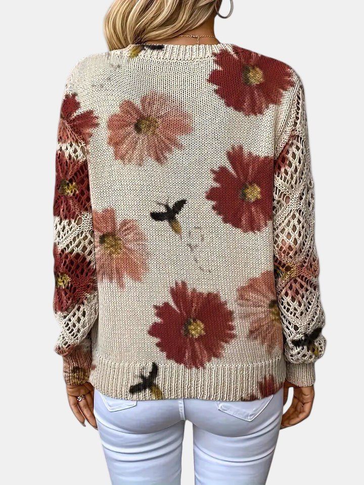 Women's Pretty Floral Knit Jumper with Open-Knit Sleeves