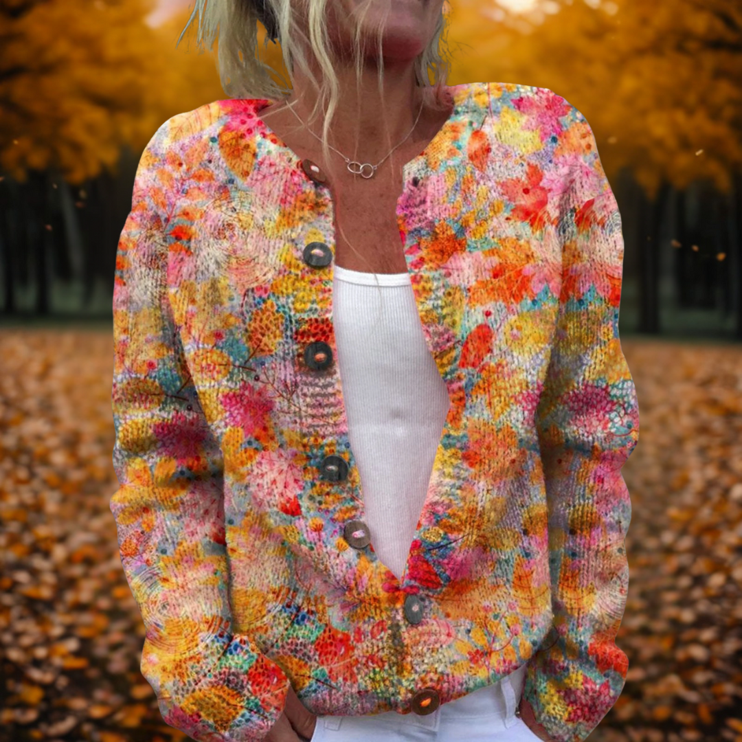 Women's Modern Chunky Knit Floral Cardigan with Button-Up Front
