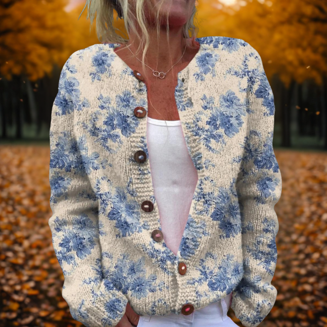 Women's Cosy Floral Chunky Knit Cardigan with Button-Up Front