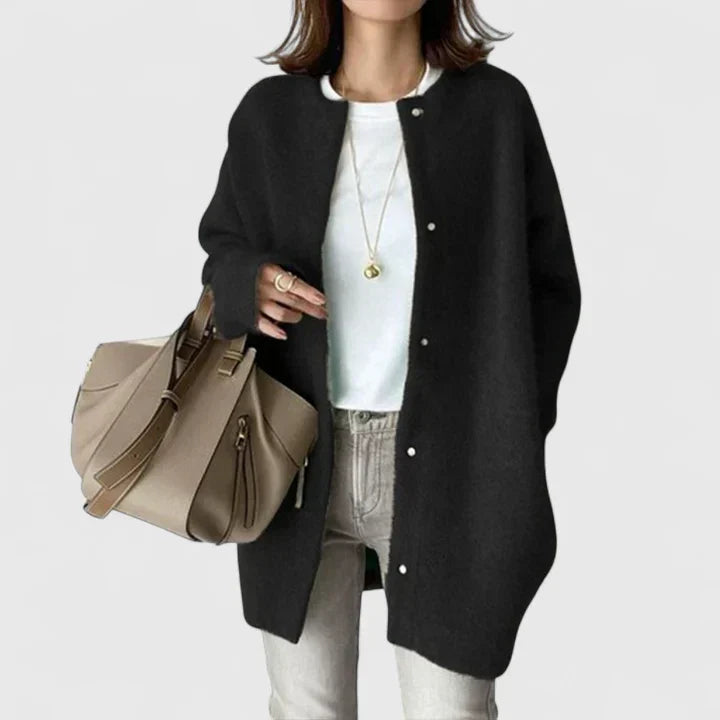 Women's Elegant Longline Cardigan with Button Up Front and Round Neckline