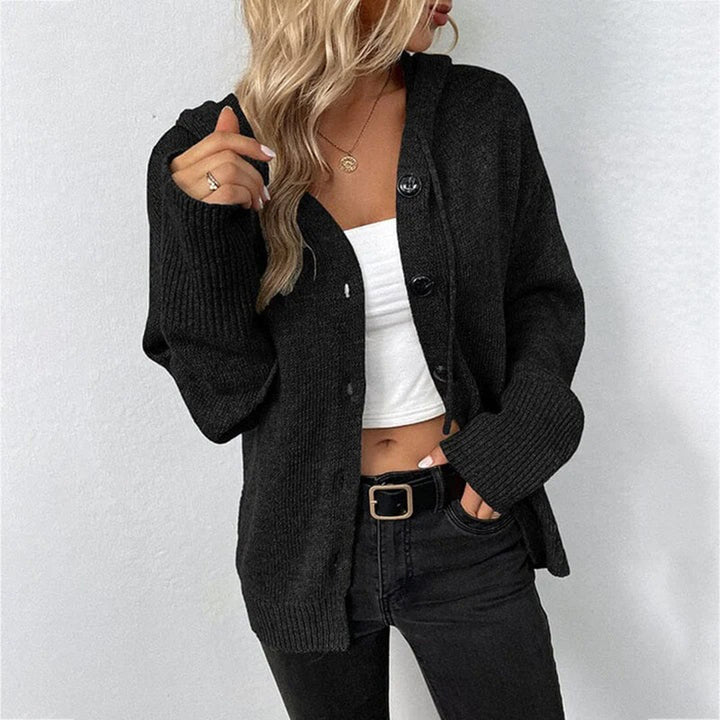 Women's Relaxed Hooded Knit Cardigan with Button-Up Closure