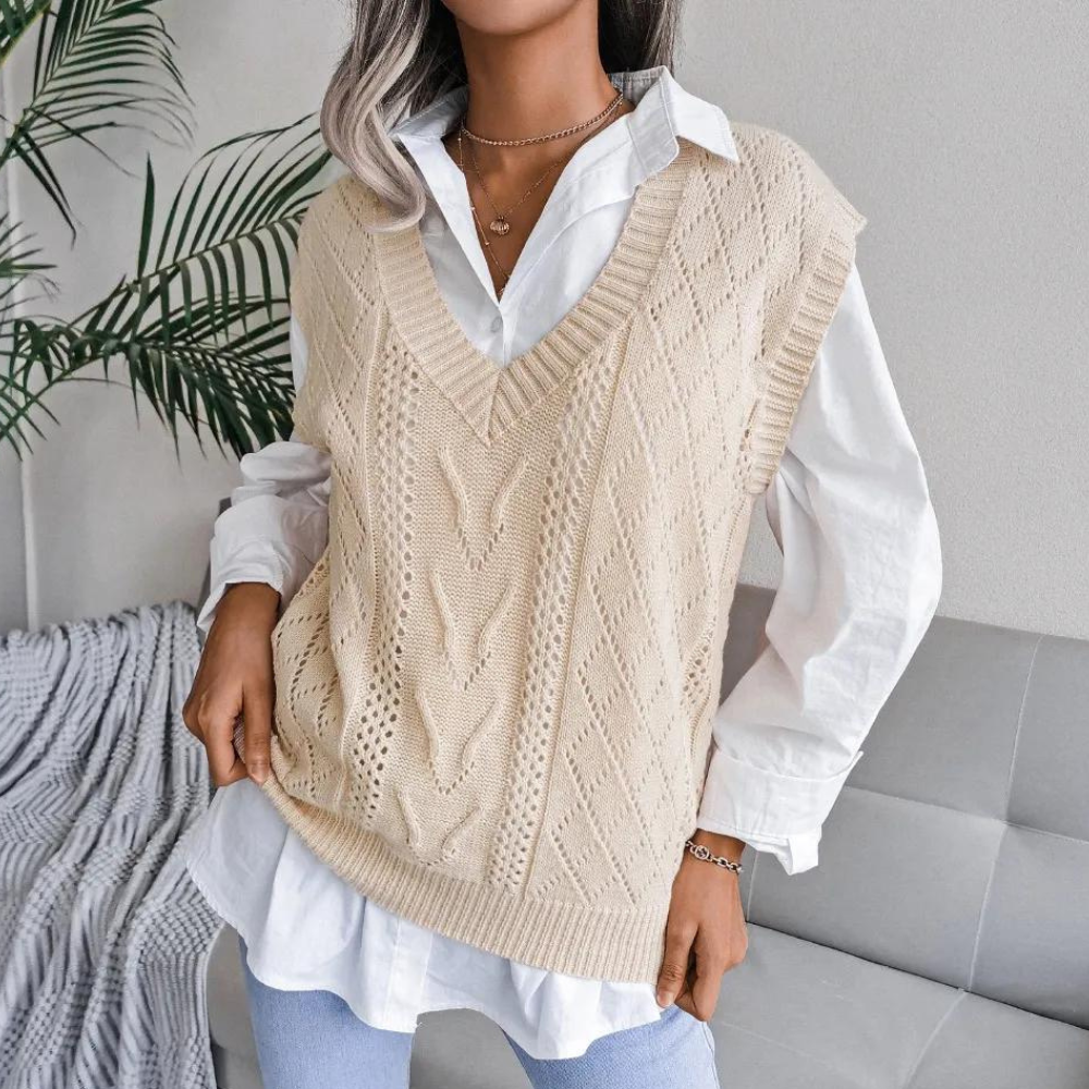 Women's Lightweight Cable Knit Jumper Vest with V Neck and Ribbed Knit Hem