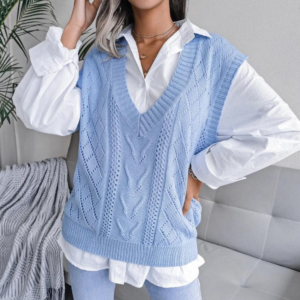 Women's Lightweight Cable Knit Jumper Vest with V Neck and Ribbed Knit Hem